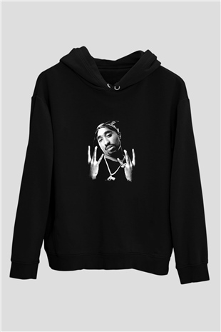 Tupac Baskılı Unisex Siyah Hoodie