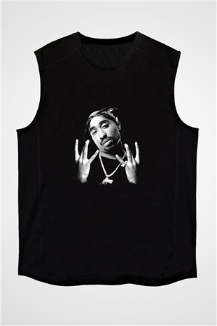 Tupac Baskılı Unisex Siyah Kolsuz Tişört