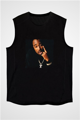 Tupac Baskılı Unisex Siyah Kolsuz Tişört