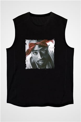 Tupac Baskılı Unisex Siyah Kolsuz Tişört