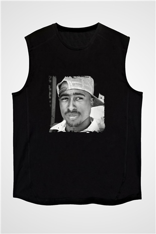 Tupac Baskılı Unisex Siyah Kolsuz Tişört