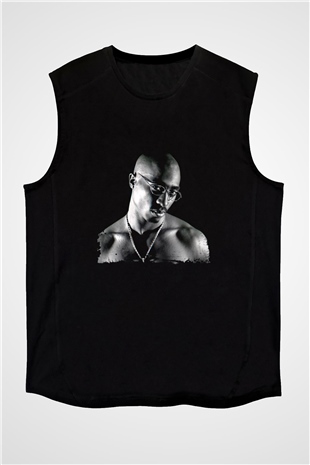 Tupac Baskılı Unisex Siyah Kolsuz Tişört