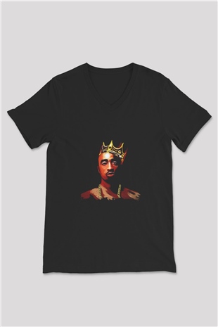 Tupac Baskılı Unisex Siyah V Yaka Tişört