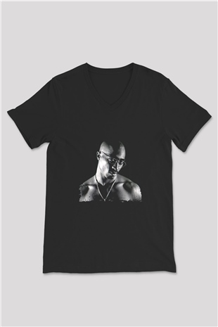 Tupac Baskılı Unisex Siyah V Yaka Tişört