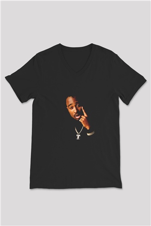 Tupac Baskılı Unisex Siyah V Yaka Tişört