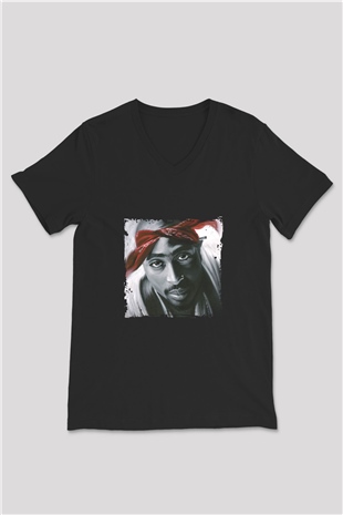 Tupac Baskılı Unisex Siyah V Yaka Tişört
