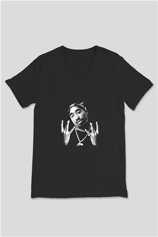 Tupac Baskılı Unisex Siyah V Yaka Tişört