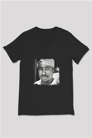 Tupac Baskılı Unisex Siyah V Yaka Tişört