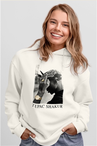 Tupac Shakur Beyaz Unisex Kapşonlu Sweatshirt