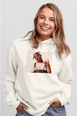 Tupac Shakur Beyaz Unisex Kapüşonlu Sweatshirt