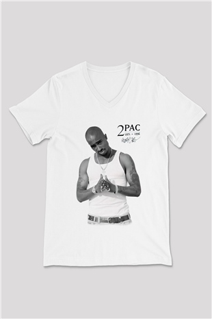 Tupac Shakur Beyaz Unisex V Yaka Tişört T-Shirt