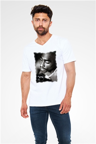 Tupac Shakur Beyaz Unisex V Yaka Tişört T-Shirt