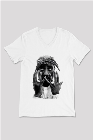 Tupac Shakur Beyaz Unisex V Yaka Tişört T-Shirt