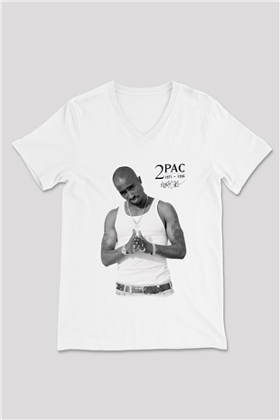 Tupac Shakur Beyaz Unisex V Yaka Tişört T-Shirt