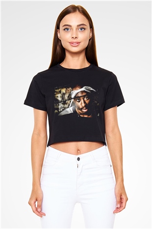 Tupac Shakur Siyah Crop Top Tişört