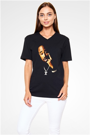 Tupac Shakur Siyah Unisex V Yaka Tişört T-Shirt