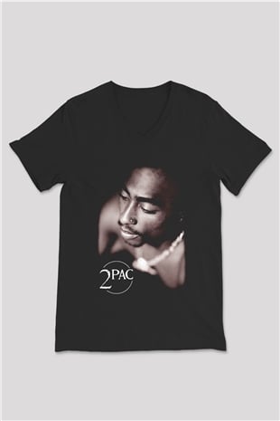 Tupac Shakur Siyah Unisex V Yaka Tişört T-Shirt