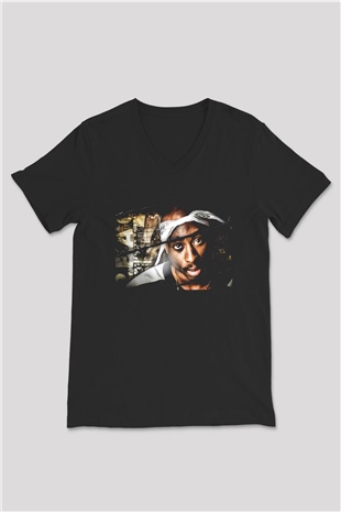 Tupac Shakur Siyah Unisex V Yaka Tişört T-Shirt