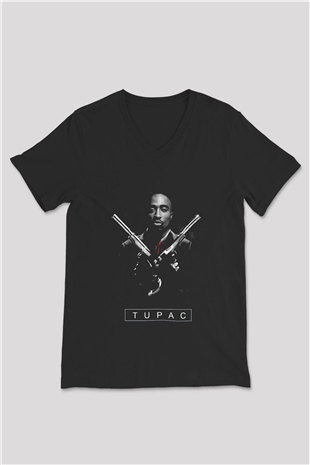 Tupac Shakur Siyah Unisex V Yaka Tişört T-Shirt