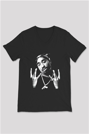 Tupac Shakur Siyah Unisex V Yaka Tişört T-Shirt