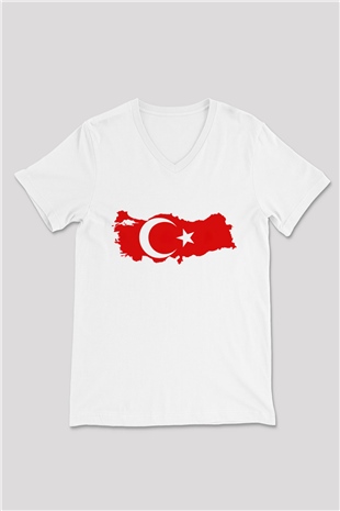 Türkiye Beyaz Unisex V Yaka Tişört T-Shirt