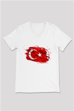 Türkiye Beyaz Unisex V Yaka Tişört T-Shirt