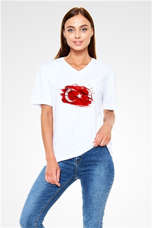 Türkiye Beyaz Unisex V Yaka Tişört T-Shirt