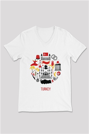 Türkiye Beyaz Unisex V Yaka Tişört T-Shirt