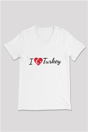 Türkiye Beyaz Unisex V Yaka Tişört T-Shirt