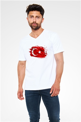 Türkiye Beyaz Unisex V Yaka Tişört T-Shirt