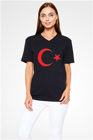 Türkiye Siyah Unisex V Yaka Tişört