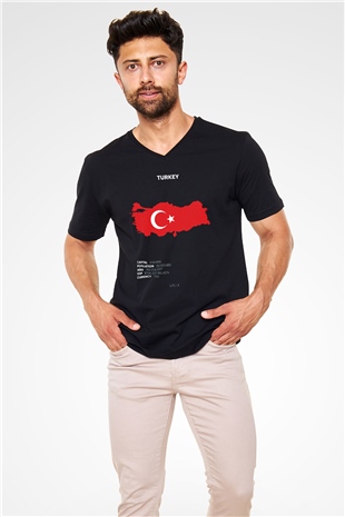 Türkiye Siyah Unisex V Yaka Tişört