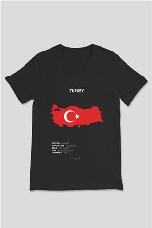 Türkiye Siyah Unisex V Yaka Tişört