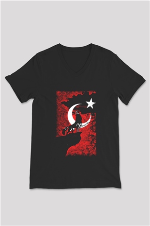 Türkiye Siyah Unisex V Yaka Tişört T-Shirt