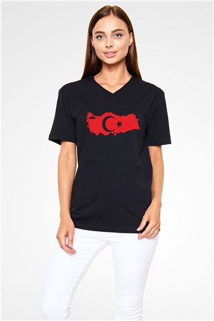 Türkiye Siyah Unisex V Yaka Tişört T-Shirt