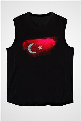 Türkiye - Turkey Bayrağı Baskılı Unisex Siyah Kolsuz Tişört