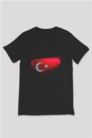Türkiye - Turkey Bayrağı Baskılı Unisex Siyah V Yaka Tişört