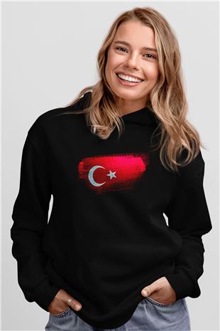 Türkiye - Turkey Bayrağı Baskılı Unisex Siyah Kapüşonlu Sweatshirt