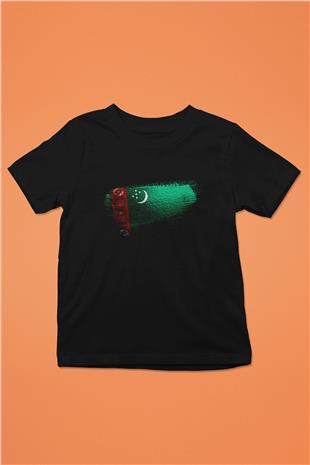 Türkmenistan - Turkmenistan Bayrağı Baskılı Unisex Siyah Çocuk Tişörtü