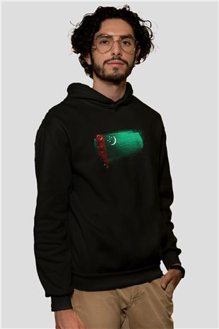 Türkmenistan - Turkmenistan Bayrağı Baskılı Unisex Siyah Kapüşonlu Sweatshirt