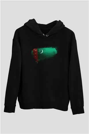 Türkmenistan - Turkmenistan Bayrağı Baskılı Unisex Siyah Kapüşonlu Sweatshirt