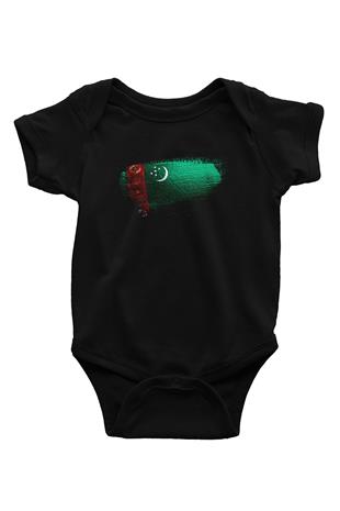 Türkmenistan - Turkmenistan Bayrağı Baskılı Unisex Siyah Bebek Body - Zıbın