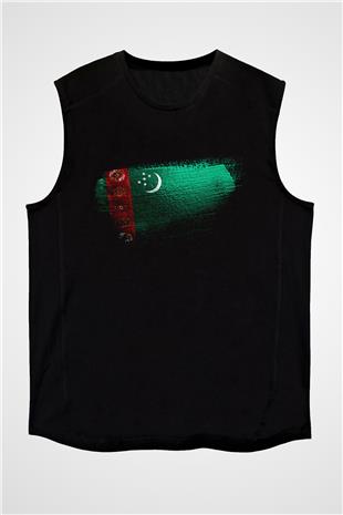 Türkmenistan - Turkmenistan Bayrağı Baskılı Unisex Siyah Kolsuz Tişört