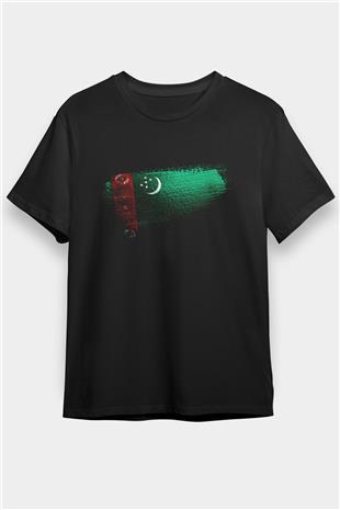 Türkmenistan - Turkmenistan Bayrağı Baskılı Unisex Siyah Tişört