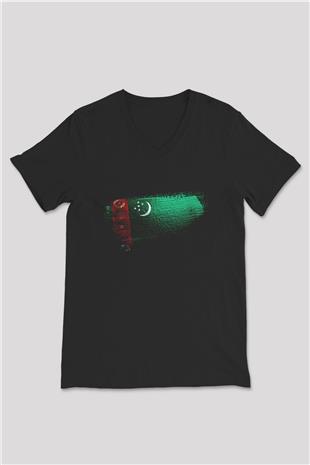 Türkmenistan - Turkmenistan Bayrağı Baskılı Unisex Siyah V Yaka Tişört