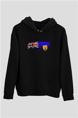 Turks ve Caicos Adaları - Turks Caicos islands Bayrağı Baskılı Unisex Siyah Kapüşonlu Sweatshirt