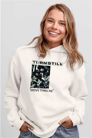 Turnstile Baskılı Beyaz Unisex Kapüşonlu Sweatshirt