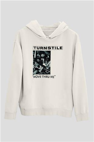 Turnstile Baskılı Beyaz Unisex Kapüşonlu Sweatshirt