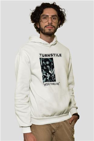 Turnstile Baskılı Beyaz Unisex Kapüşonlu Sweatshirt