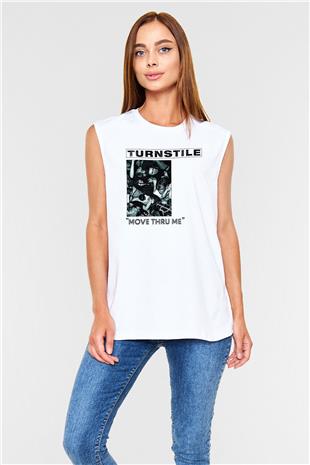 Turnstile Baskılı Beyaz Unisex Kolsuz Tişört - Tshirt